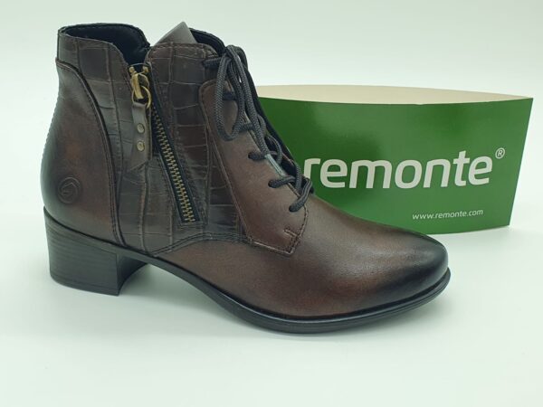 Boots femme lacets cuir lisse et croco marron REMONTE