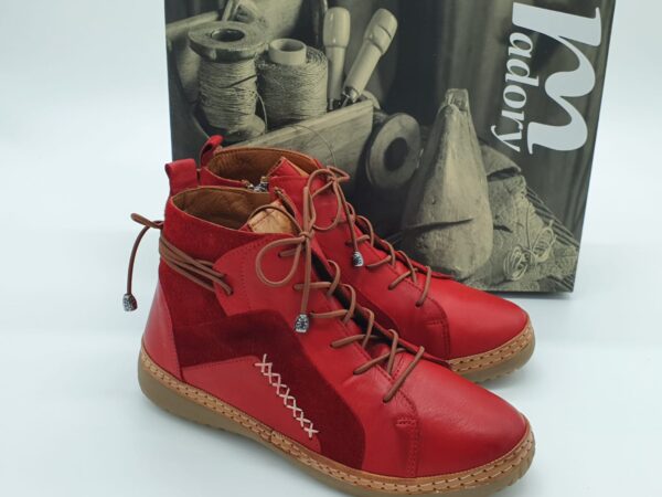 Boots femme lacets, cuir lisse et daim rouge MADORY