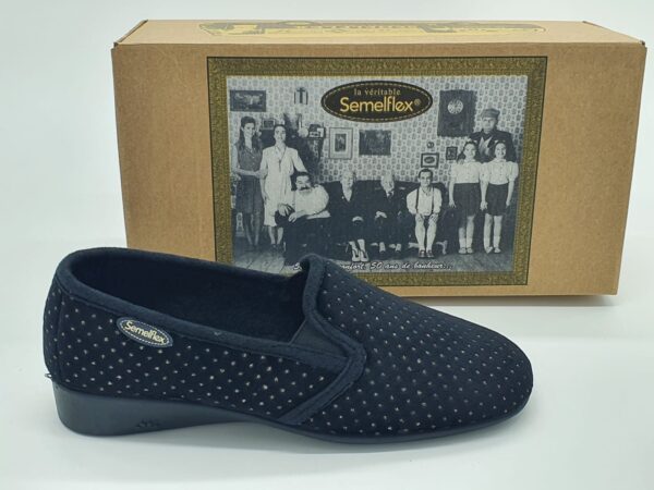 Pantoufles femmes suédine noires et pois or SEMELFLEX
