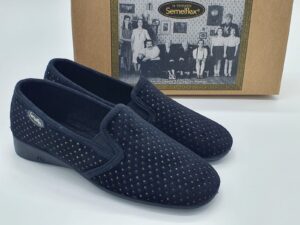Pantoufles femmes suédine noires et pois or SEMELFLEX