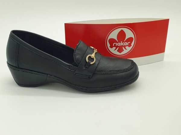 Mocassins compensés classiques femmes pâte métal or cuir noir RIEKER