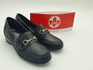 Mocassins compensés classiques femmes pâte métal or cuir noir RIEKER