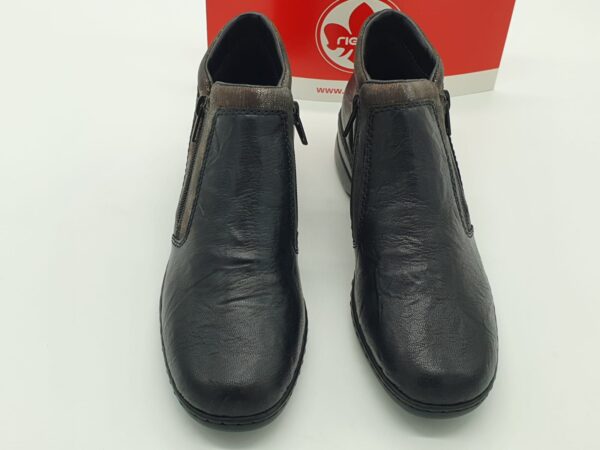 Boots femme classique double zip cuir noir et mordoré RIEKER