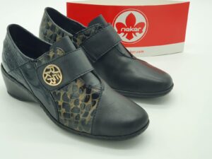 Trotteur velcro - cuir lisse noir/gold - RIEKER