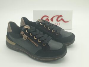 Derbys lacet/zip - femmes - cuir noir et gold - Semelles amovibles - grande largeur  - ARA