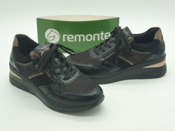 REMONTE Femme- Sneakers cuirtextile noir et or- lacetzip