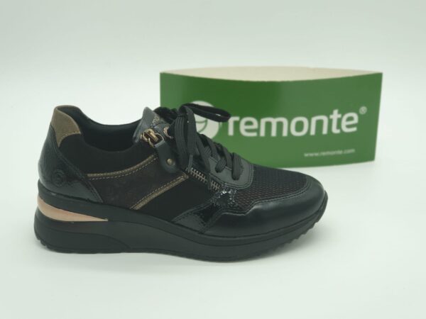 REMONTE Femme- Sneakers cuirtextile noir et or- lacetzip