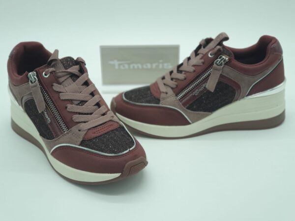 TAMARIS- sneakers compensés- cuirtextile glitter bordeaux- lacetszip