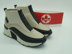 RIEKER Femme - boots zip central compensés - textile et simili crème/noir semelles amovibles