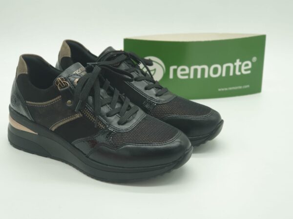 REMONTE Femme- Sneakers compensés cuir et textile- noir et or- semelles amovibles