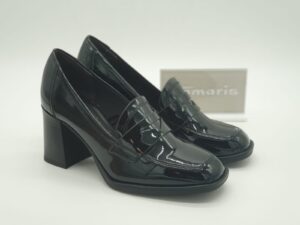 TAMARIS Femme- Mocassin talon- cuir vernis noir