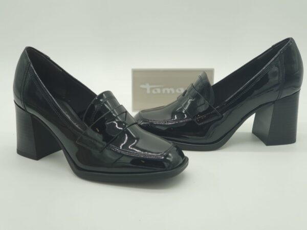 TAMARIS Femme- Mocassin talon- cuir vernis noir