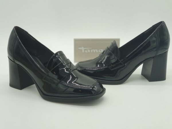 TAMARIS Femme- Mocassin talon- cuir vernis noir