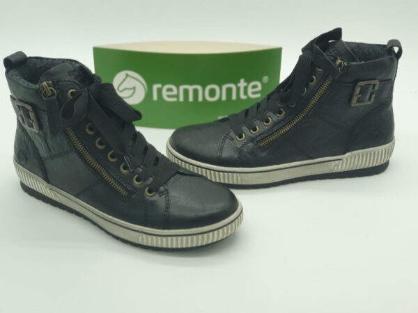 REMONTE Femme- Boots lacets/zip- Cuir lisse noir- semelles amovibles