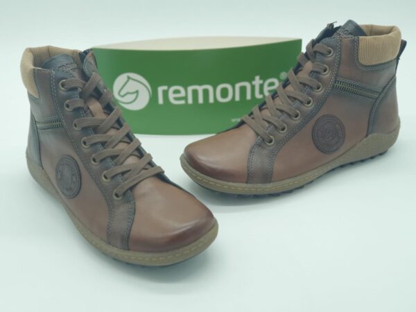 REMONTE Femme- Boots lacets/zip- Cuir lisse marron- semelles amovibles