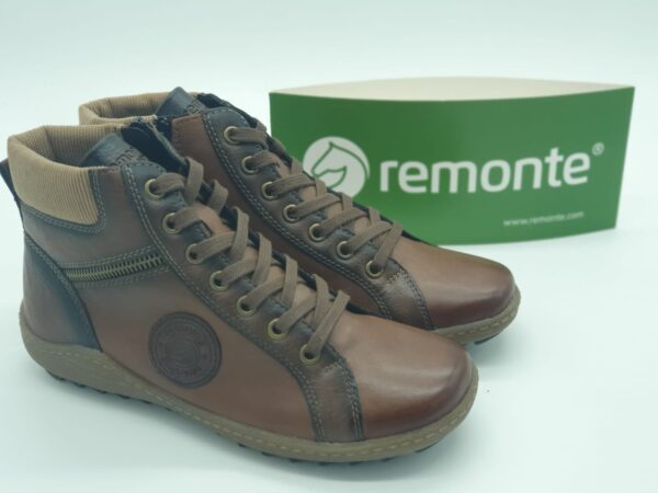 REMONTE Femme- Boots lacets/zip- Cuir lisse marron- semelles amovibles
