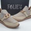 FOLIE'S Femme- Mocassin fantaisie cuir et stretch crème et or- bijou doré