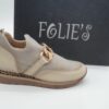 FOLIE'S Femme- Mocassin fantaisie cuir et stretch crème et or- bijou doré