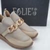 FOLIE'S Femme- Mocassin fantaisie cuir et stretch crème et or- bijou doré
