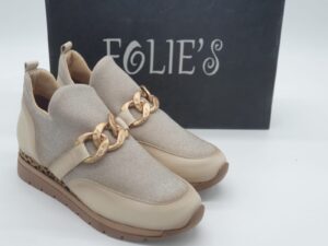 FOLIE'S Femme- Mocassin fantaisie cuir et stretch crème et or- bijou doré