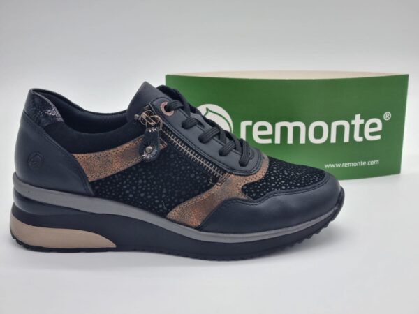 REMONTE Femme-Sneakers compensé cuir noir et or-1