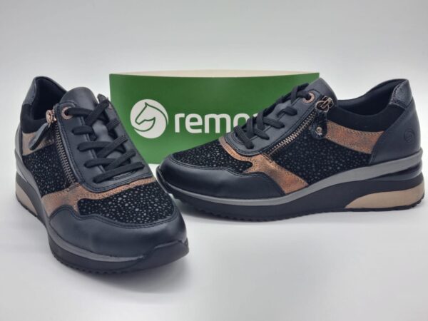 REMONTE Femme-Sneakers compensé cuir noir et or-1