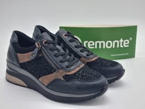 REMONTE Femme-Sneakers compensé cuir noir et or-2
