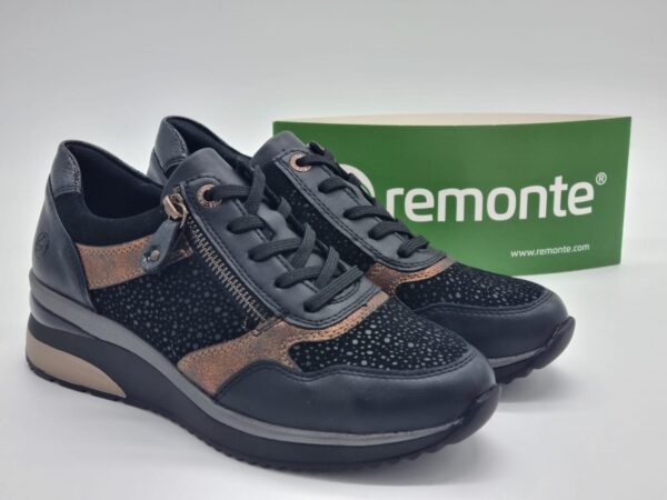 REMONTE Femme-Sneakers compensé cuir noir et or-2
