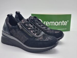 REMONTE Femme - Sneakers compensés textile stretch noir et or-2