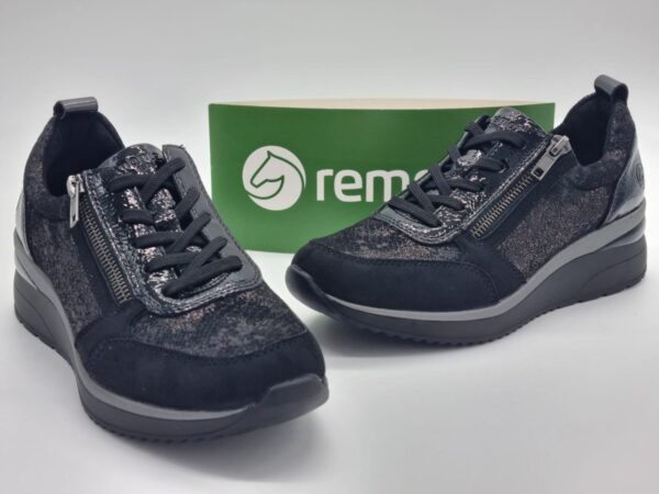 REMONTE Femme - Sneakers compensés textile stretch noir et or